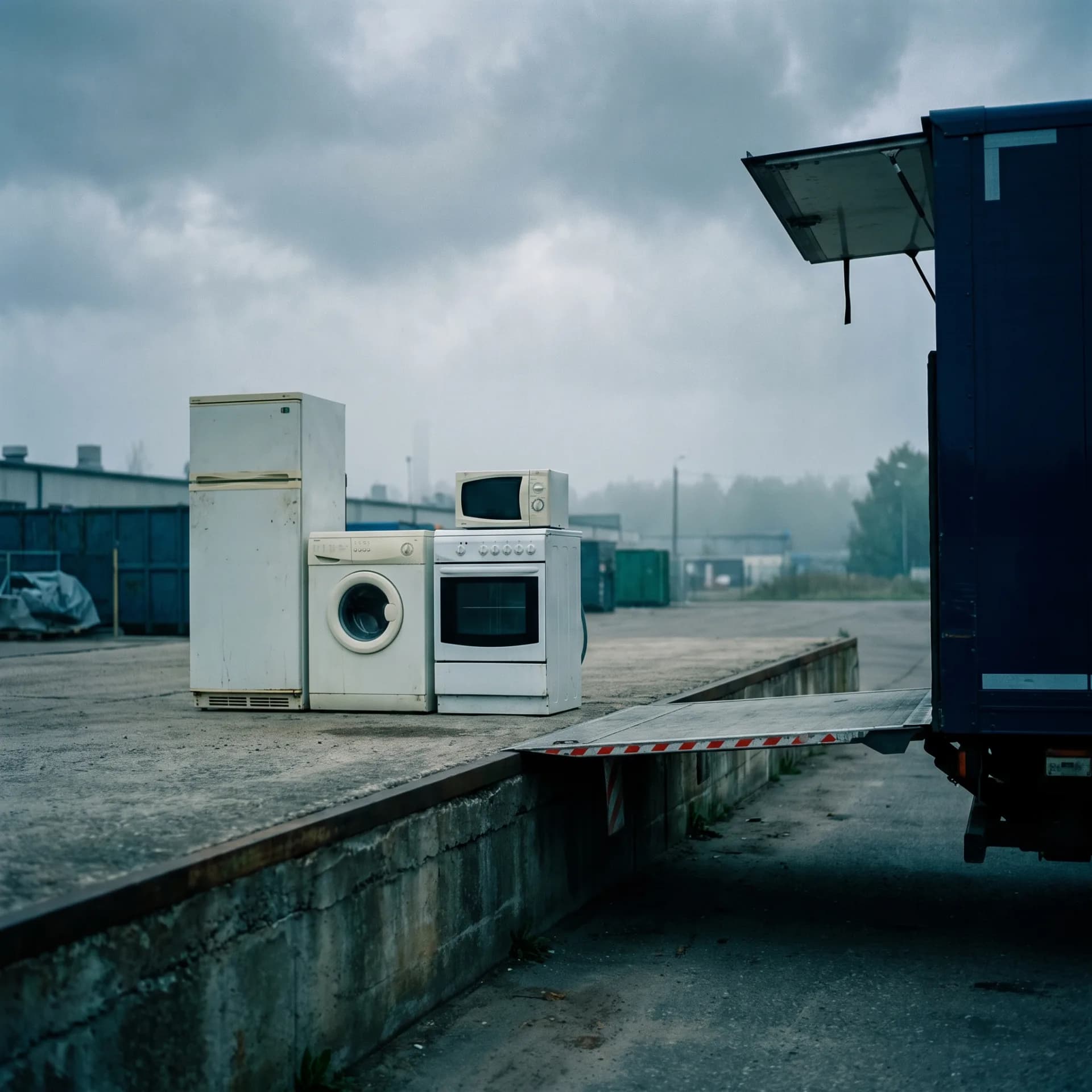 A fridge, a washing machine and a cooker lined up on a loading ramp
