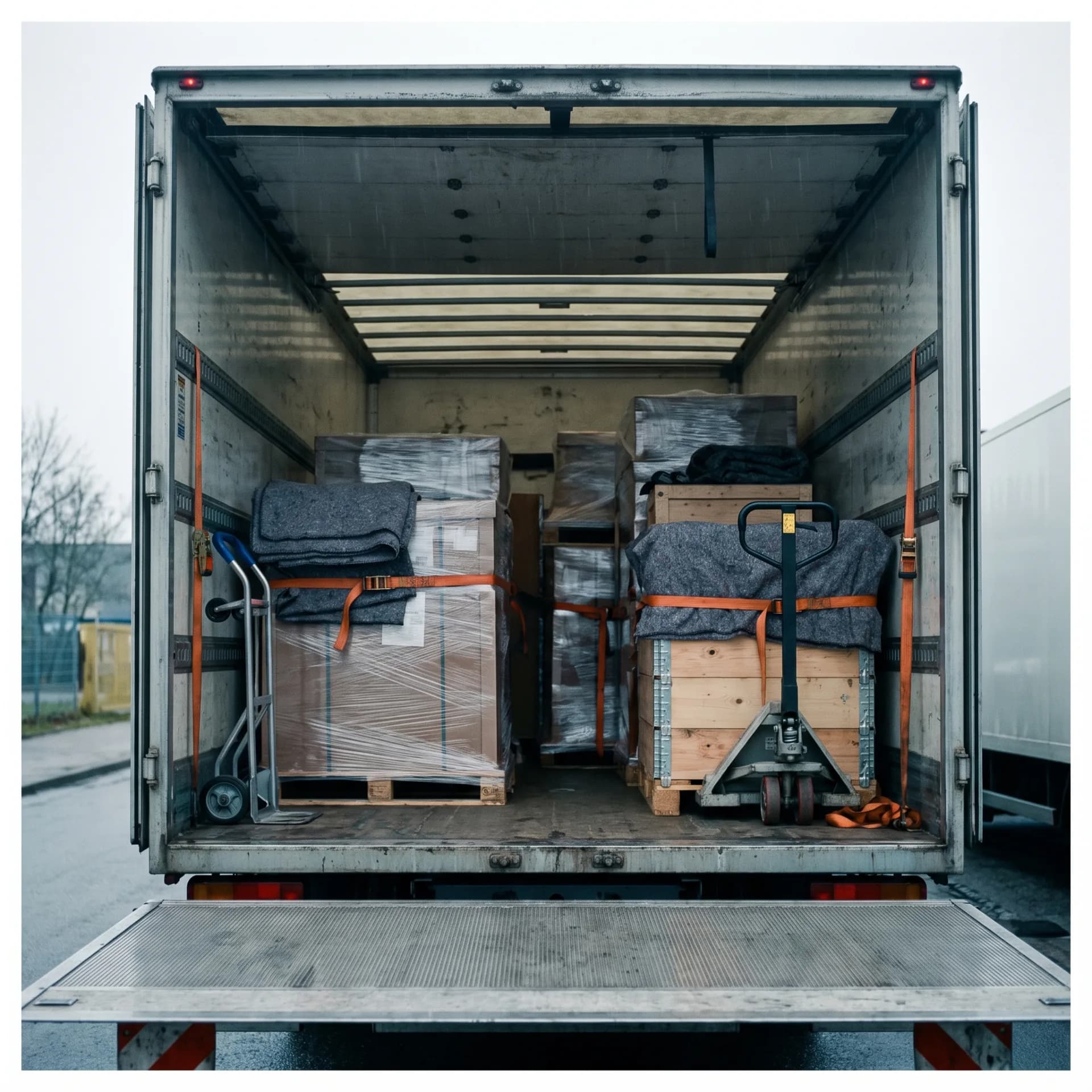 Strapped pallets and crates in the back of a lorry, with a hand truck on the tail lift