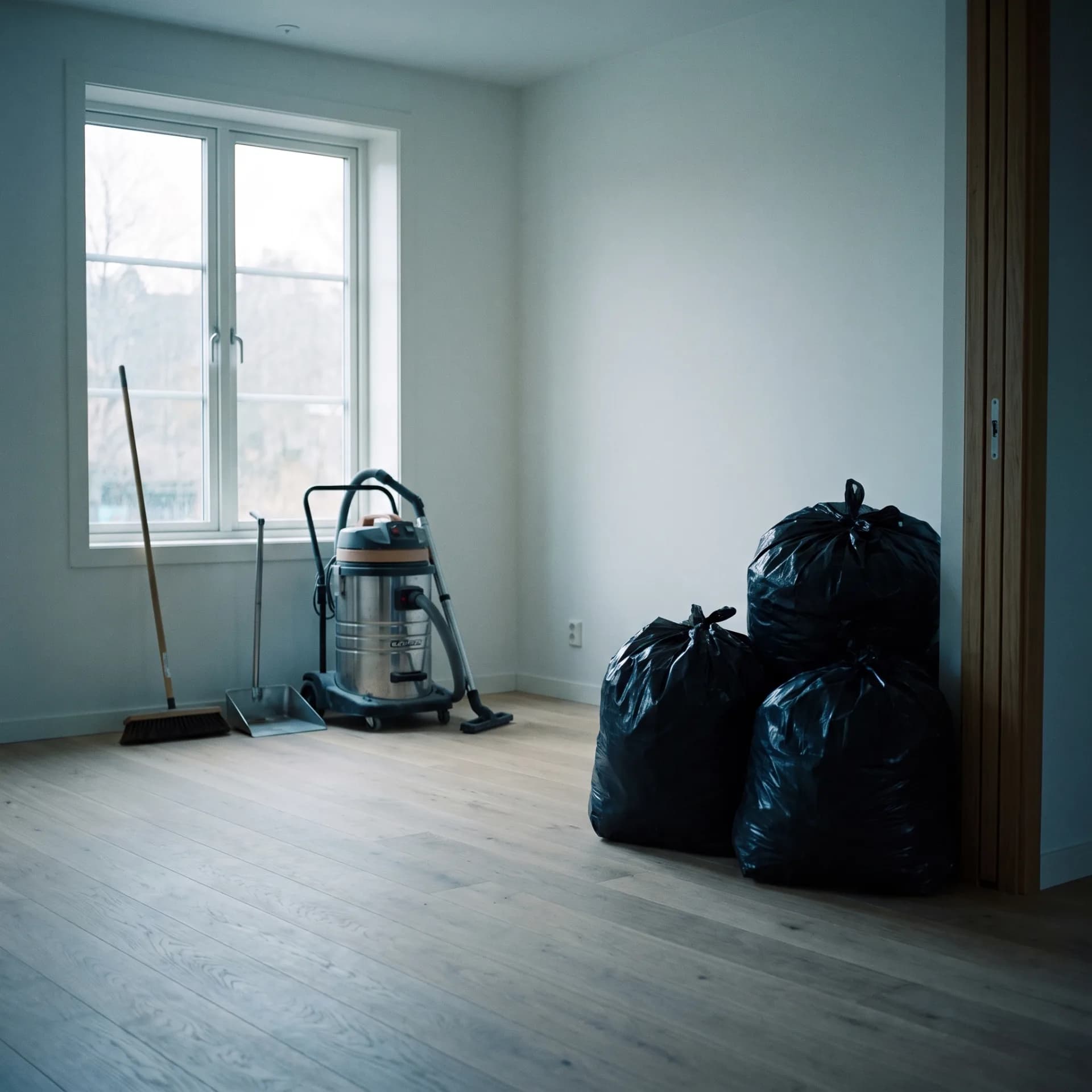 An empty room with a swept floor, a broom and an industrial vacuum by the window