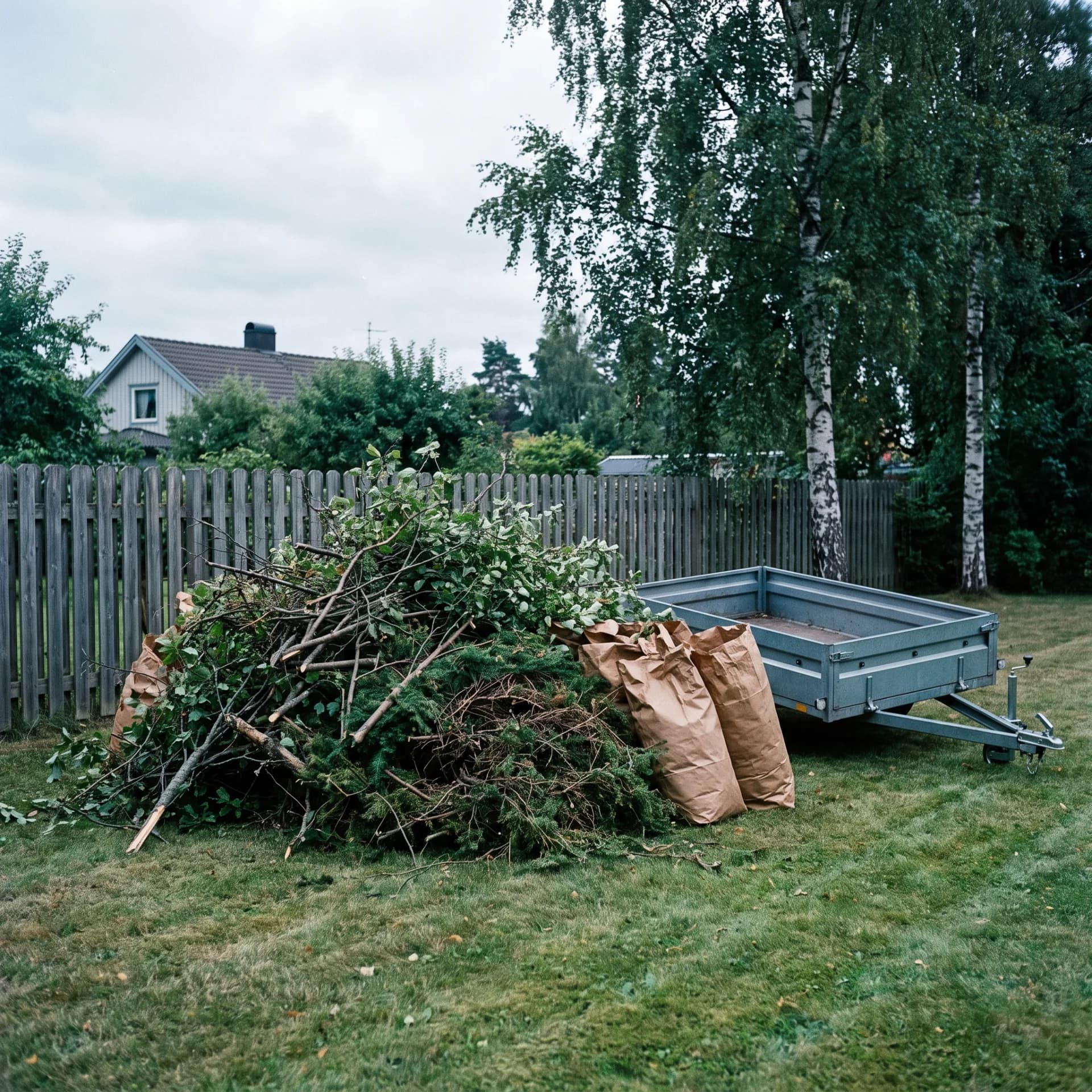 A pile of cut branches and leaf sacks on a lawn beside a trailer