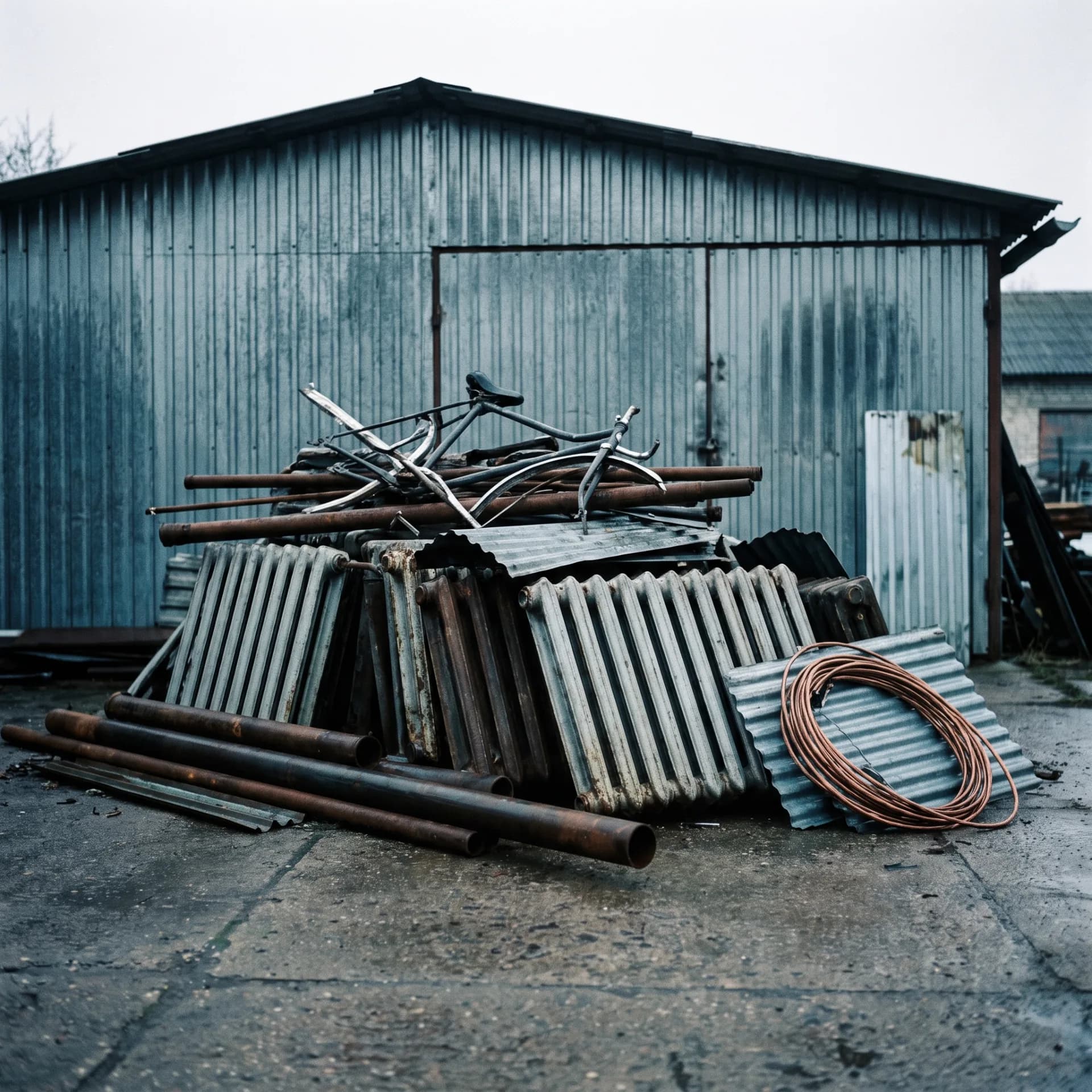 Old radiators, pipes and a bicycle frame stacked in a yard